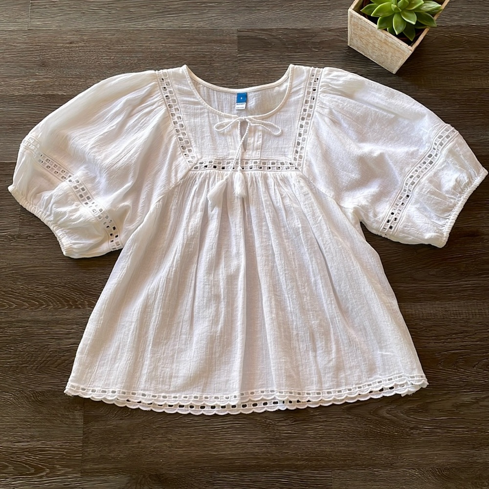 Old Navy White Gauze Notched Neck Balloon Puff Sleeve Short Top Size Small - Picture 1 of 12